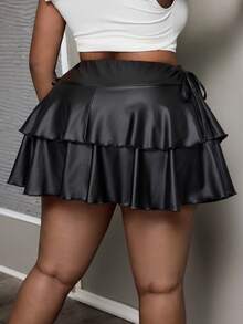SHEIN PETITE CURVE 大码女式PU皮革多层下摆时尚百搭约会之夜休闲迷你裙 - 黑色 - 查看 2