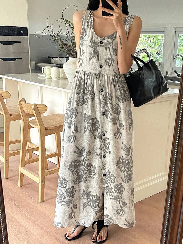Women's Floral Embroidered Front Button Casual Sleeveless Mid-Length Dress,Valentine Outfits For Women Summer Maxi Dress Sundress
