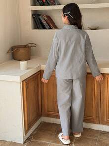 DAZY Tween Girls Casual Striped Half-Zip Ruffle Trim Loungewear Set, Fall - Grey - View 6