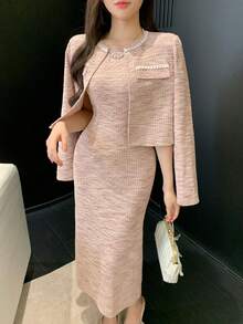 DAZY Women's Long Sleeve Cardigan And Sleeveless Fitted Dress Elegant 2-Piece Set