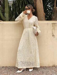 Livesso Frühlings- und Sommer-Loose Lässig Urlaubsstil Hohlspitze Kleid mit geraffter Taille, weißes knöchellanges Kleid für Frauen - Beige - Übersicht 2