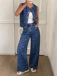 SHEIN 2件套少女蝴蝶结装饰蓝色牛仔无袖背心和宽松裤子 - 深色水洗藍 - 查看 2