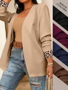 EMERY ROSE Plus Size Women Casual Long Sleeve Blazer Jacket With Leopard Print Patchwork - Khaki - View 1