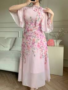 DAZY Women's Elegant Floral Print Ruched Tie Neck Flounce Sleeve Midi Dress, Spring/Summer