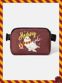 HARRY POTTER X SHEIN 女士时尚胸包，印花运动腰包，配有可调节肩带，时尚字母图案腰包，方形腰包，适合运动跑步自行车单肩包/腰包 - 咖啡棕 - 查看 2