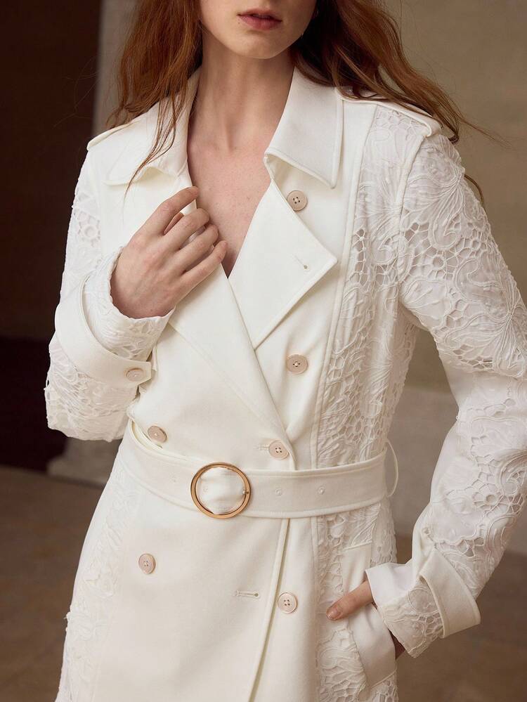 GUIPURE LACE PANEL LAPEL COLLAR DOUBLE BREASTED PLACKET BUCKLE BELTED LONGLINE TRENCH COAT, SPRING/SUMMER