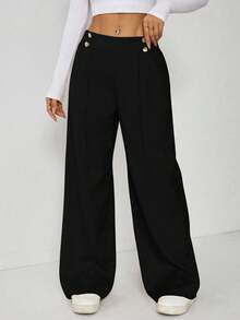 SHEIN EZwear Plus Size Women Metal Double Button Straight Leg Casual Office Pants, Autumn/Winter - Black - View 7