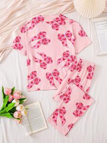 2pcs/Set Girls' Cute Pink Heart & Bow Print Short Sleeve Top And Wide Leg Pants Pajama Set,Collared Button-Up Shirt,Summer Sleep Casual Homewear - Multicolor - View 2