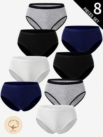 SHEIN Teen Girls Underwear - 8-Piece Set Combo Classic Hot-Selling Colors Black White Gray Blue Color Series Brief Style - Pure Cotton Comfortable Girls First Choice Essential Item