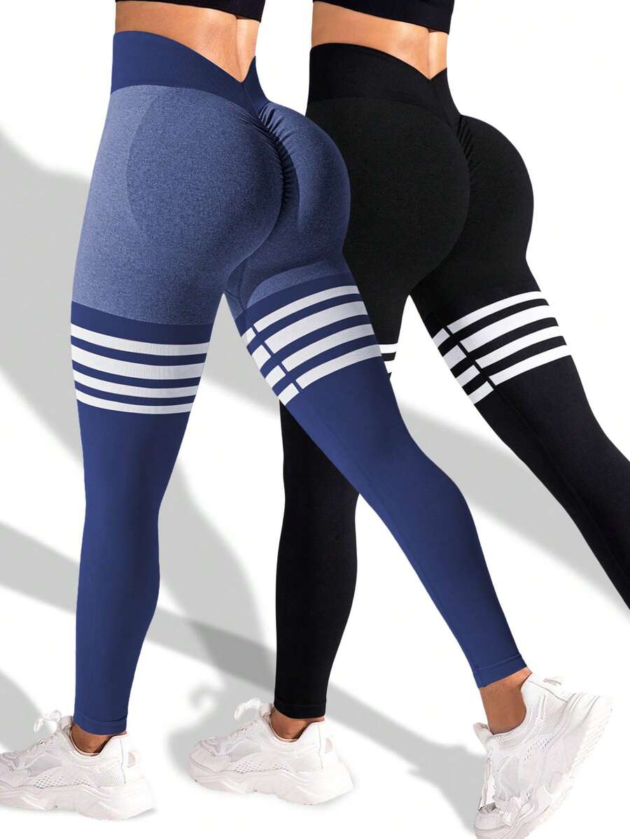 Easithlete 2 st damsportleggings, enfärgade svarta och marinblå randig skinny fit, rynkad midja, yoga och fitness, sexig rumplyftning - Multifärgad - Visa 1