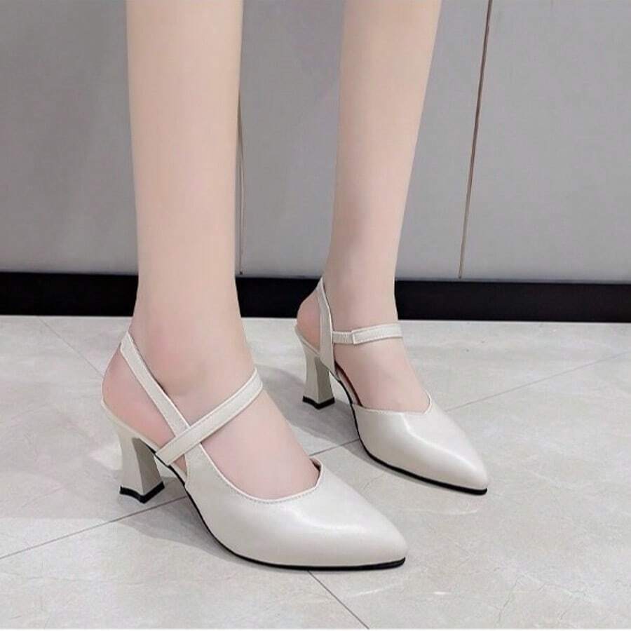 Zapatos de tacón de punta afilada con puntera cerrada y tiras cruzadas, de piel suave, para mujer - Blanco - Ver 1