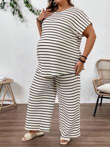SHEIN 2pcs Maternity Plus Size Striped Round Neck Batwing Sleeve T-Shirt And Wide Leg Pants Casual Set Maternity 2 Piece Set Two Piece Set Women Plus Size Curve Two Piece Set - Apricot - View 6