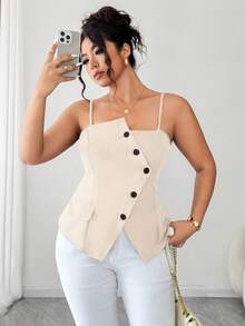 Elenzga Plus Size Elegant 2025 New Brown Asymmetric Waist Cinching Stylish Versatile Commute Casual Camisole With Adjustable Straps, A-Line Hem Slit Camisole, Suitable For Spring, Summer, Autumn, Layering, Dates, Parties, Commute, Minimalist Versatile Tops For Women Elegant Women Cami Top Dress Top Classy Top Corsets Women Tops - Apricot - View 8