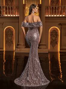 Glamrae 优雅奢华莲花粉色串珠亮片花卉露肩性感修身美人鱼连衣裙，适合婚礼、派对、度假、舞会、正式场合（重工装饰） - 棕色 - 查看 3