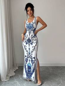 SHEIN Elenzya Exquisite Printed Chinoiserie Waist-Cinching Slit Hem Luxurious Retro Middle Eastern UAE Style Robe - Multicolor - View 4