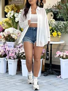 GalTyme 大码女式休闲宽松雪纺薄纱长袖开襟衬衫，适合夏季、秋季、上学、约会、下午茶、海滩、夏威夷等各种场合。 - 白色 - 查看 5