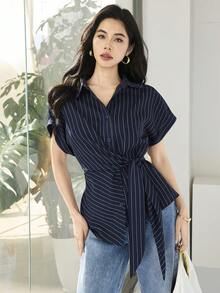 Heiryn 女士条纹蝙蝠袖单排扣系腰休闲/工作衬衫 - 藍色 - 查看 6