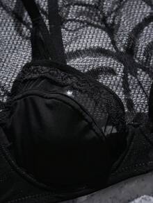 两件套性感蕾丝女士内衣套装，优雅浪漫无钢圈文胸套装，轻薄无衬垫内衣 - 黑色 - 查看 7