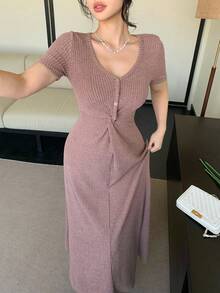 DAZY Women's Elegant V-Neck Twist Dress, Summer Wedding Guest Dress - Pink - View 10