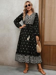 EMERY ROSE Đầm nữ in hoa, cổ chữ V, tay phồng, cài cúc, kiểu dáng thanh lịch, thích hợp cho kỳ nghỉ. - Nhiều màu - Xem 6