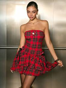 Betty Boop x SHEIN Women's Plaid & Cartoon Figure Graphic Tube Mini Dress - Red - View 5