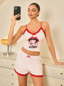 Betty Boop x SHEIN Women's Summer Lace Polka Dot Camisole Top And Shorts Pajama Set Sleep Wear Women 2 Piece Set Pajama Sets Women Womens Pajama Shorts Set - Apricot - View 7