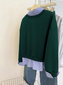 INAWLY Áo nỉ chui đầu dáng rộng thoải mái cho nữ có họa tiết sọc, ve áo, in khẩu hiệu và vai trễ, phù hợp cho mùa thu - Màu xanh lá cây đậm - Xem 2