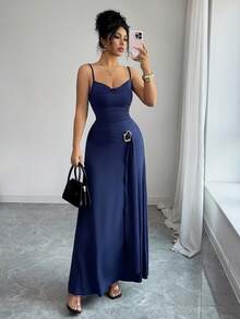 Elenzga Đầm nữ thanh lịch không tay, eo thắt kim loại, dáng ôm dài đến mắt cá chân, xòe nhẹ, thích hợp mặc hàng ngày, dự đám cưới, dạ hội, đi làm, tiệc tốt nghiệp, ngày lễ, hẹn hò, tiệc tùng, Halloween, Giáng sinh, Năm mới, Lễ Tạ ơn. - Màu xanh hải quân - Xem 6