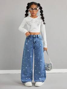 SHEIN Quần jeans ống rộng dáng suông phong cách Y2K cho bé gái, màu sáng, đính đá lấp lánh, có túi, kiểu dáng thường ngày, quần jeans ống rộng ôm sát, quần jeans thường ngày mùa thu đông, quần jeans rộng thùng thình cho bé gái, quần jeans sân bay, quần ống rộng, thời trang đường phố, quần jeans ngộ nghĩnh, quần jeans đi học, quần jeans dự tiệc sang trọng, quần jeans Giáng sinh. - Rửa trung bình - Xem 4