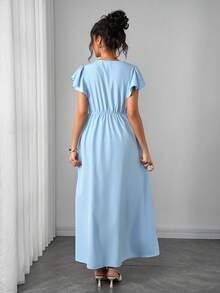 Momance Maternity Dress With Ruffle Short Sleeves, Diamond Neckline, Waist Seam Double Line, A-Line Hem, Front Button Design - Blue - View 2