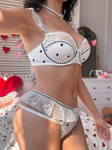 PetitDoll Valentine's Day Heart Print Cute Women's Lingerie Set, Ruffled Strap Underwire Bra, 2pcs Panty Set - White - View 3