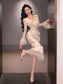 DAZY Spring/Summer Elegant Mesh Midi Dress, Fashion Party/Wedding/Banquet Formal Gown, Slim Fit Commuting Dress - Apricot - View 2