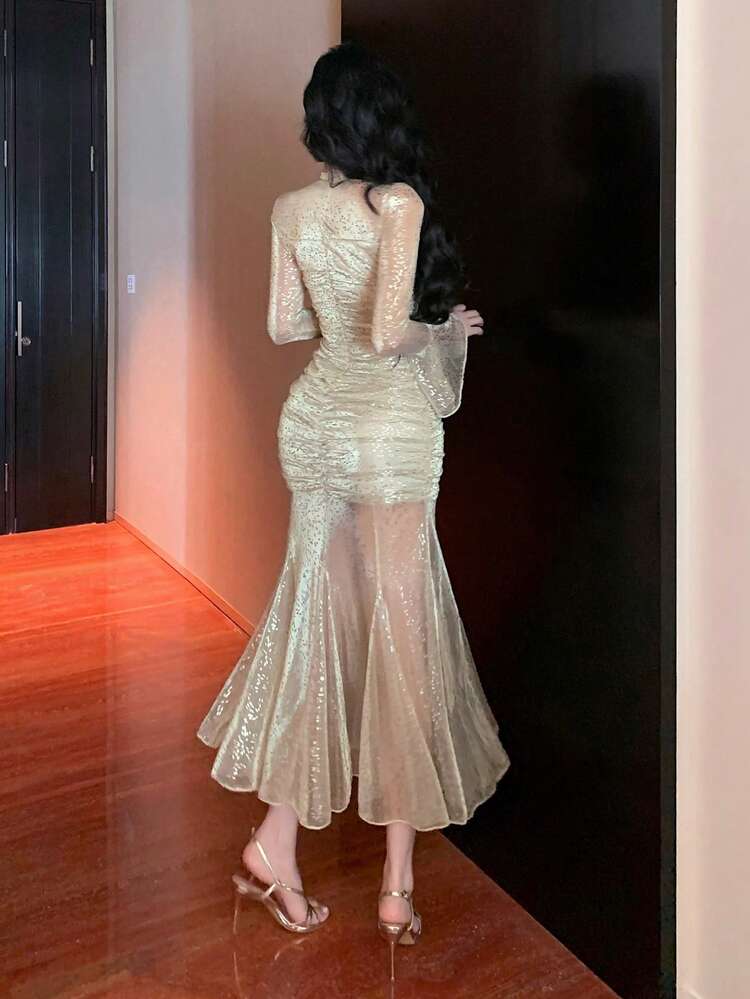 Tight Mesh Shiny Formal Dress For Valentine's Day, Wedding, Party, Banquet, Elegant Long Dress For Women, Suitable For Spring & Summer Sparkly Dress Easter Sundress