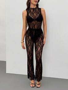 SHEIN Tall Lace Long Sleeve Sheer Jumpsuit With Sheer Pants Set - Black - View 8