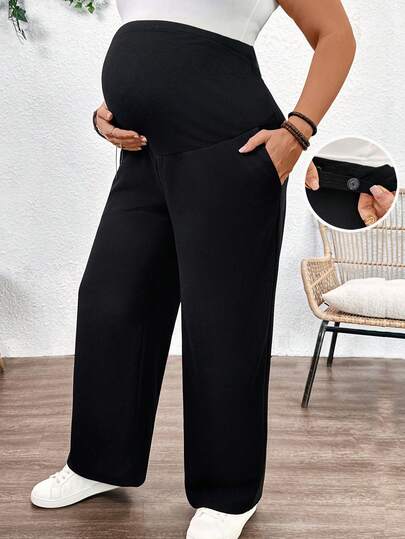 SHEIN Plus Size Maternity Summer Solid Color Adjustable Waist Casual Wide Leg Pants Maternity Pant Maternity Pants Pregnancy Pants Pregnancy Clothing Pregnant Outfits Maternity Clothing Maternity Wide Leg Pants Maternity Clothes Maternity Trousers