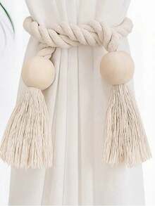 2个磁性窗帘绑带，木质流苏窗帘扣，适用于窗户，家居装饰礼品，乔迁新居、客厅、卧室、厨房 - 米白流蘇 - 查看 5