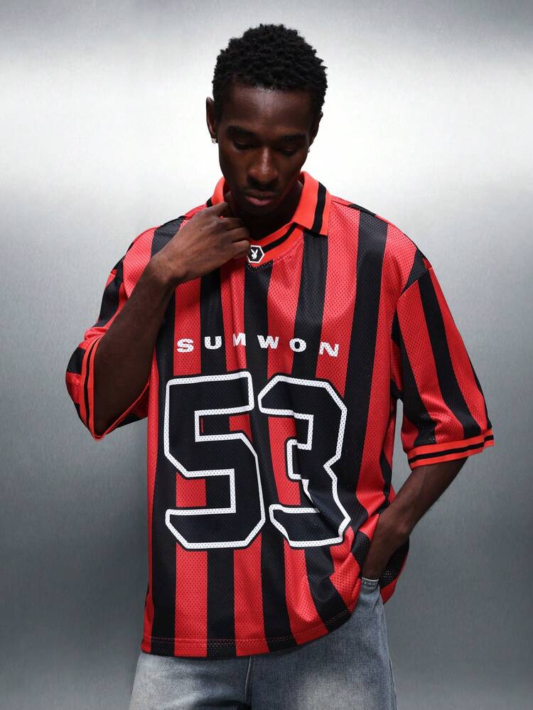 PLAYBOY X SUMWON Men's Oversized Soccer Jersey T-Shirt With Bunny Logo Vertical Stripes Short Sleeve Crew Neck Number 53 Print