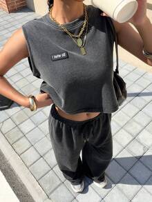 Muchica Sleeveless Applique Round Neck Summer Casual Sports Tank Top - Black - View 1