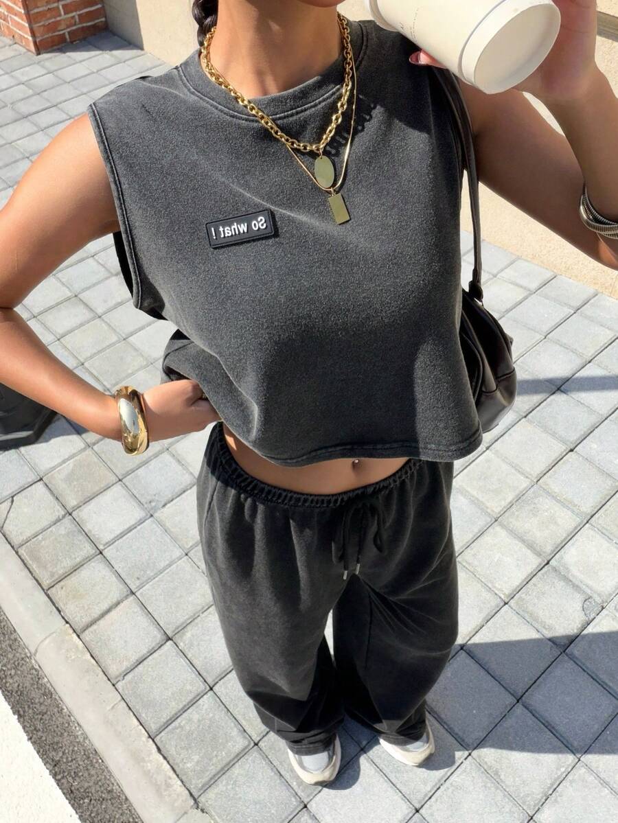 Muchica Sleeveless Applique Round Neck Summer Casual Sports Tank Top - Black - View 1