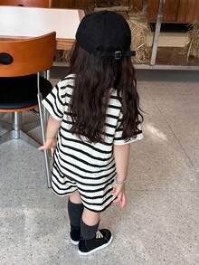 DAZY 2pcs/Set Baby Girl Round Neck Striped Korean Style Short Sleeve T-Shirt And Shorts Set Summer Baby Girls Clothes - Black and White - View 2