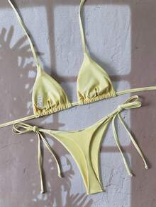 Swim Vcay 女士纯色露背系带性感丁字裤比基尼套装 - 鵝黃色 - 查看 2