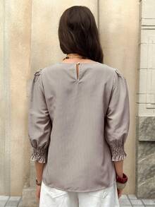 Solivie Women's Casual Loose Fit Round Neck Mid-Sleeve Shirt  Elegant  Striped Blouse Women Blouses Elegant  Summer Holiday Outfits - Khaki - View 2