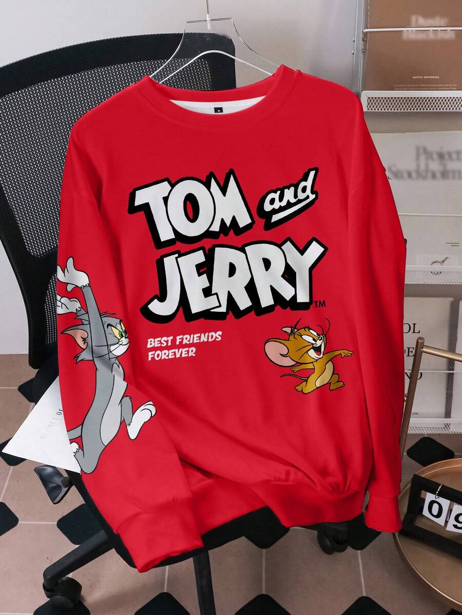 TOM & JERRY X SHEIN 男士休闲字母和卡通图案圆领运动衫，秋季 - 白色 - 查看 1