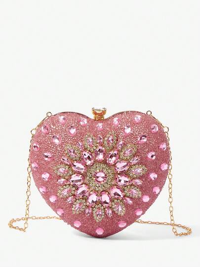 SHECARRY Women's Fashionable & Elegant Crystal Heart Decorated Evening Clutch Bag