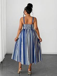 Maweii 优雅时尚的细肩带抹胸条纹修身简约日常穿搭小众设计必备度假连衣裙，适合大码女性，春夏款 - 藍白色 - 查看 3