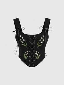 ROMWE Fairycore Spring/SummerflowerFloral Embroidery Pastoral Retro Style Women Tank Top - Black - View 1