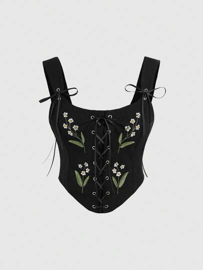 Fairycore Floral Embroidery Pastoral Retro Style Women Tank Top