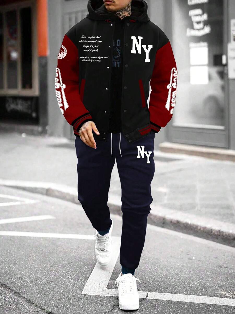 Manfinity Homme Bộ 2 áo khoác bóng chày in logo khối màu tương phản dành cho nam và quần dài, bộ đồ nỉ 2 món, quần áo mùa thu - Nhiều màu - Xem 1