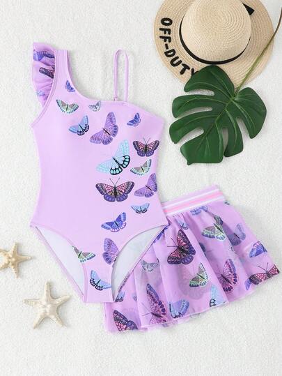 少女夏季度假沙滩蝴蝶印花荷叶边连体泳衣和罩衫裙套装