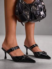 CUCCOO SZL Women's Simple Pointed Metal Buckle With Black Mules Stilettos, Sexy Retro Punk Style, Suitable For Parties, Street Tide Shooting And Other Scenes - Black - View 4